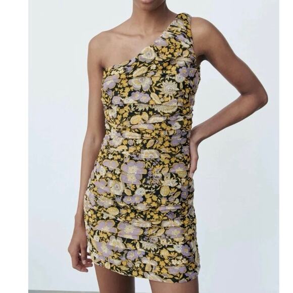 Zara One Shoulder Ruched Bodycon Mini Dress Dark Yellow Floral - Picture 1 of 8